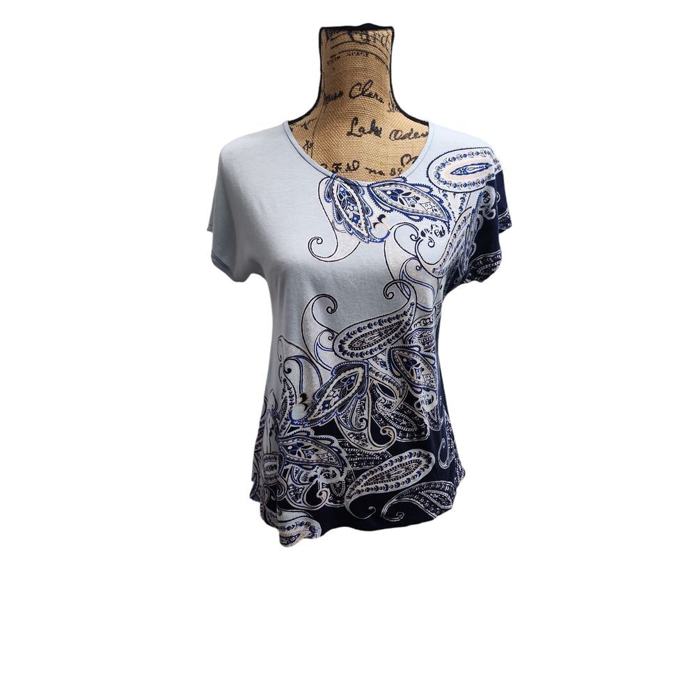 Chicos Elegant Paisley Print‎ Short Sleeve T-Shirt White Navy Blue Casual Top